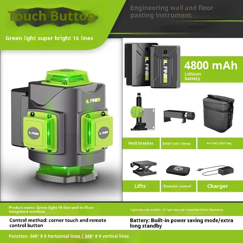 16-line green laser level with compact black housing showing multiple laser projections for alignment