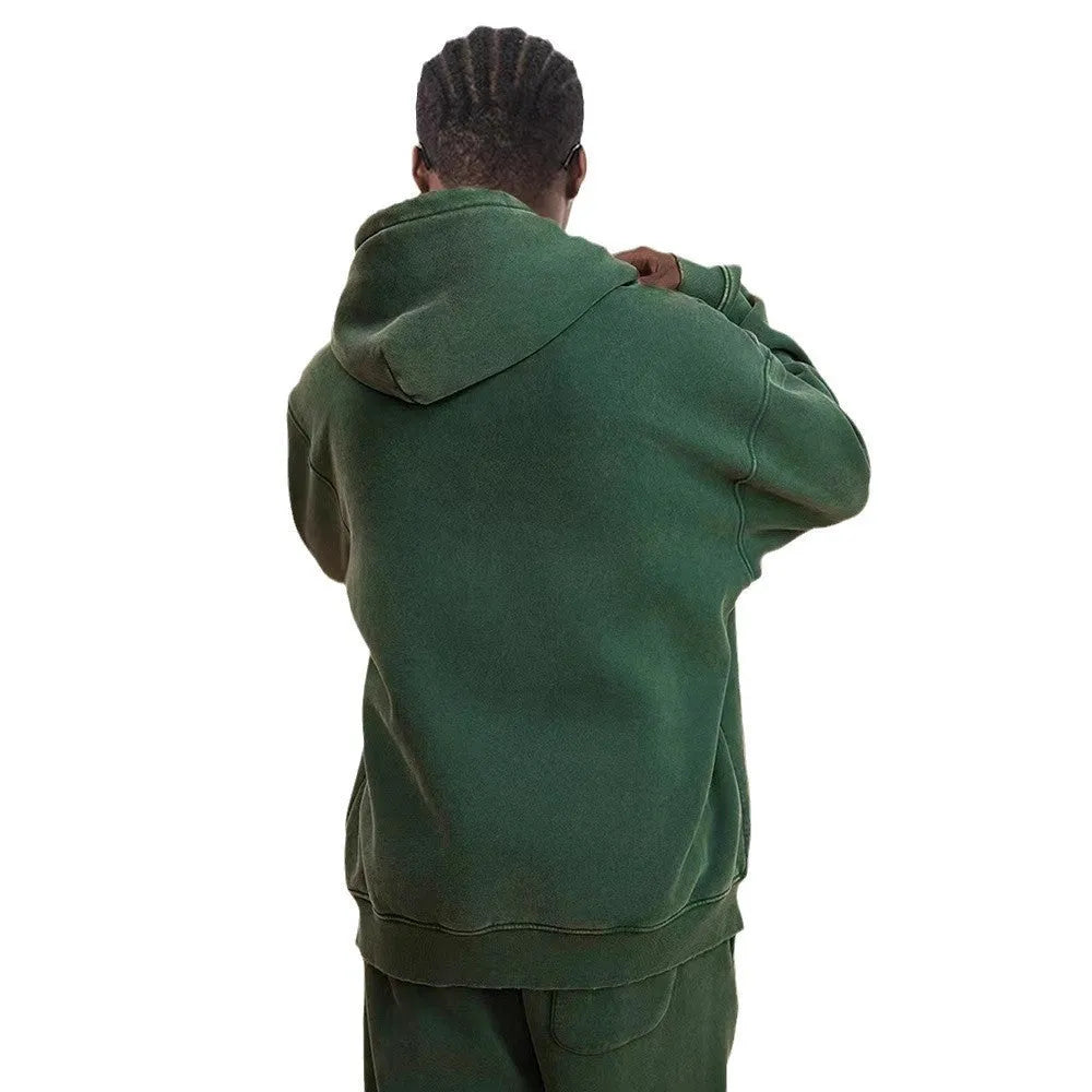 Men's vintage washed cotton hooded cardigan with fleece lining and a double zipper front.