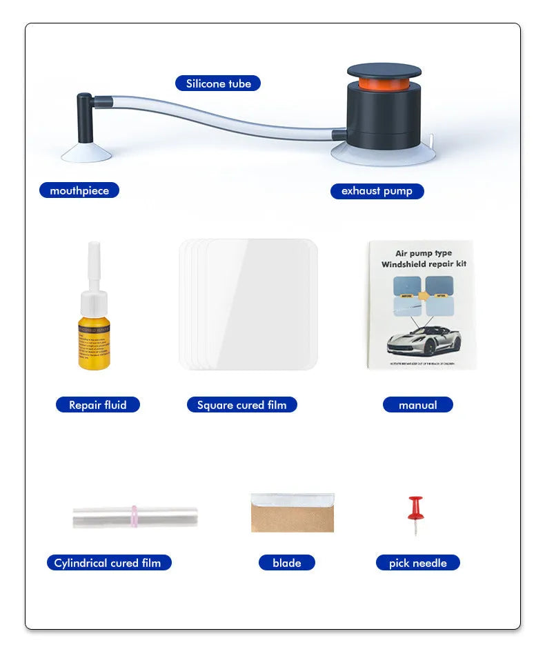 Plastic car windscreen crack repair tool with broken glass corrector for DIY repairs.