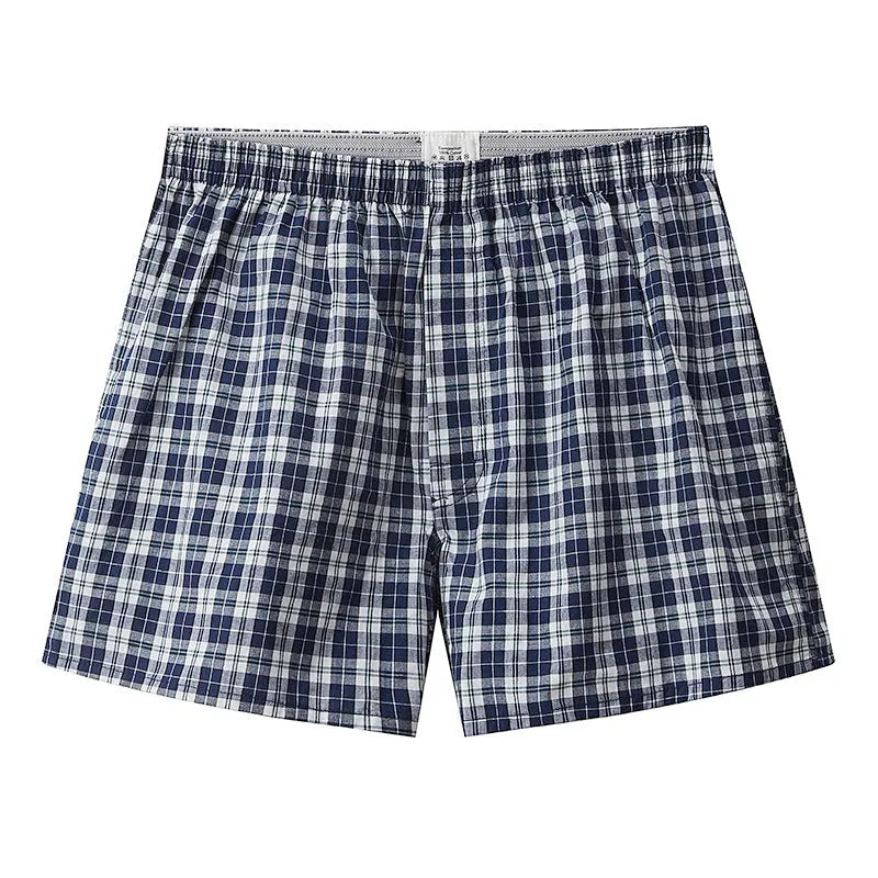 Men's loose cotton boxer shorts in blue, black and white plaid and red plaid, mid waist woven plus size S to XL