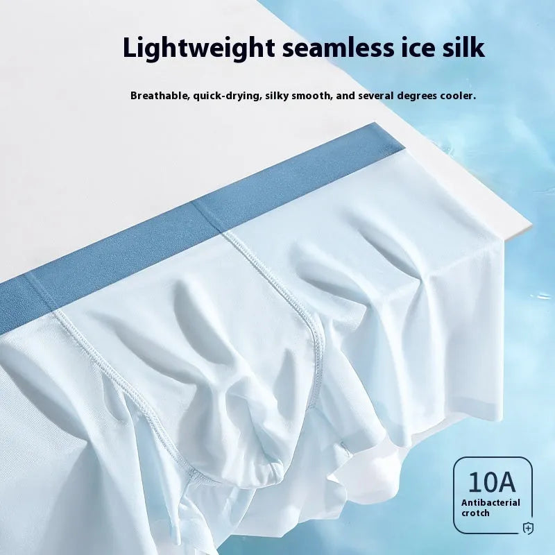 Men's ice silk graphene shorts in light blue colour showing seamless design and mid-waist fit.