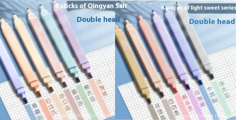 Double-headed fluorescent marker pens showing chisel and bullet tips in mixed colours