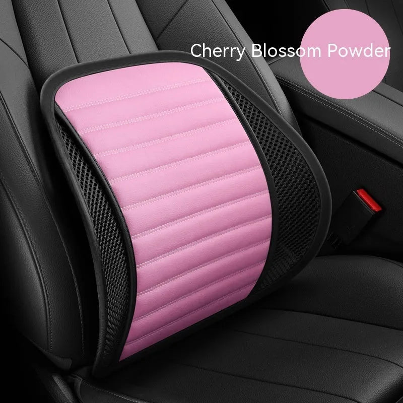 Leather lumbar support cushion for car seat, available in multiple colours including amber brown and sapphire blue.