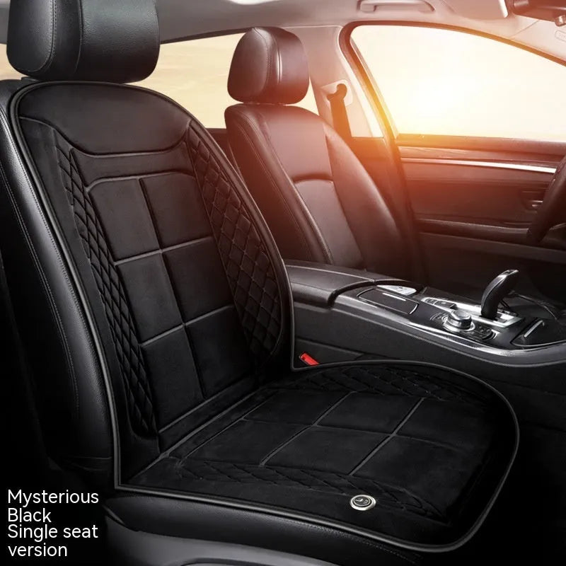 Car heating cushion on vehicle seat showing automatic heating function and cotton fill construction.