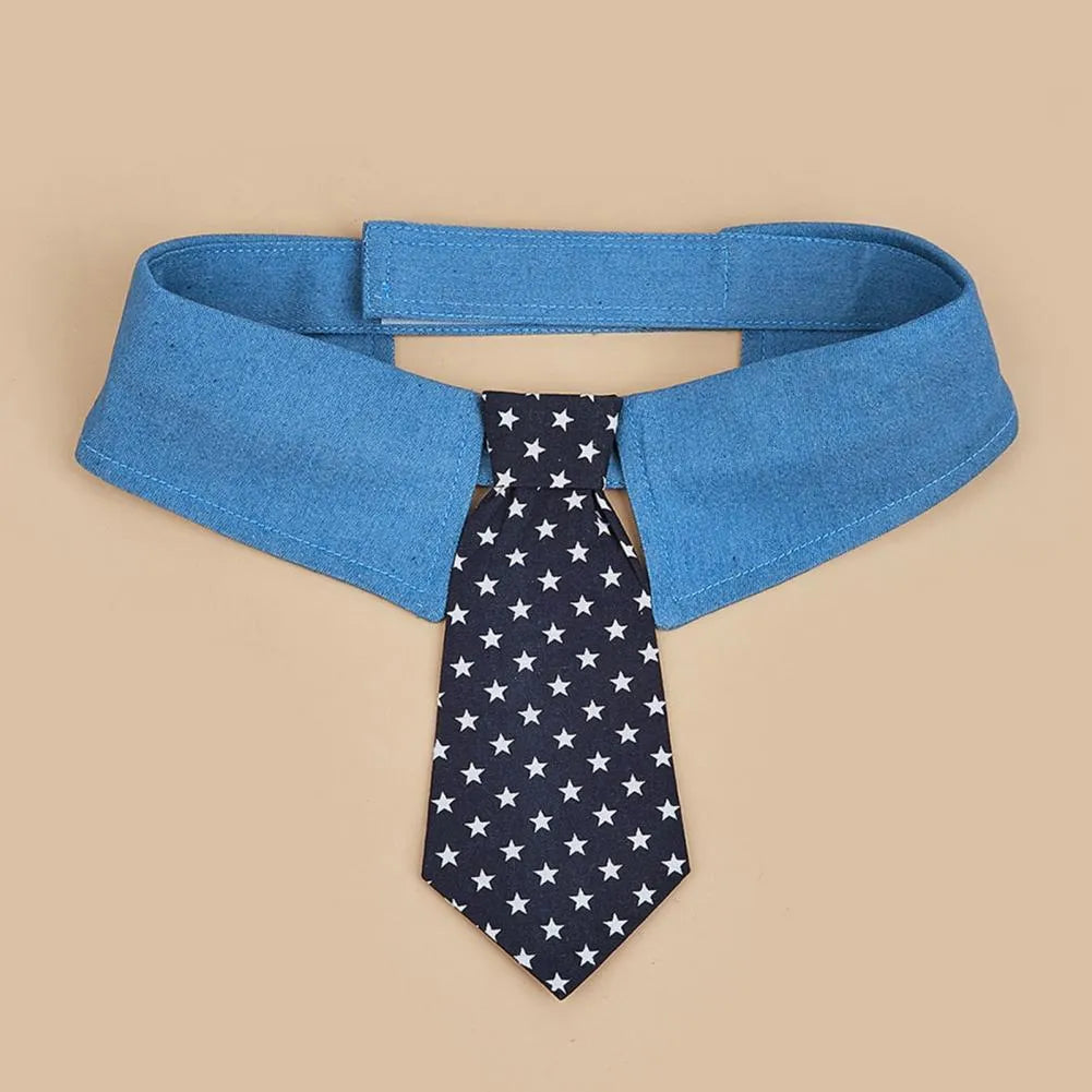 Adjustable denim dog collar with star pattern, shown as a bow tie style on a dog.