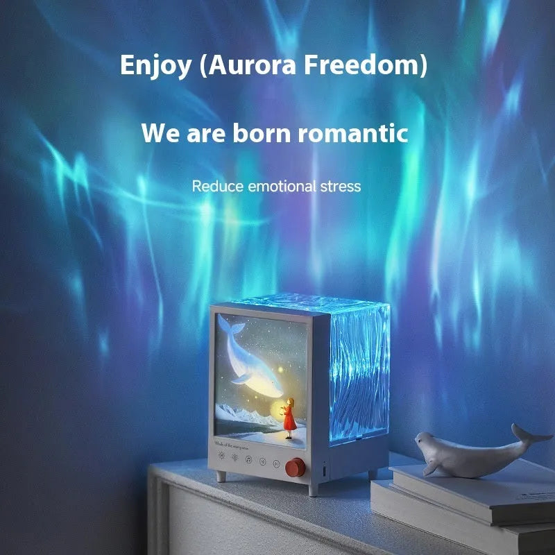 Aurora Treasure Box atmosphere projection lamp showing Star Sea Whale light projection pattern.