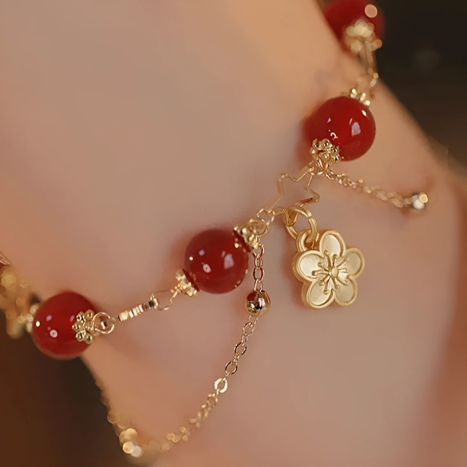 Red agate double layer women's bracelet with peach blossom charm jewellery