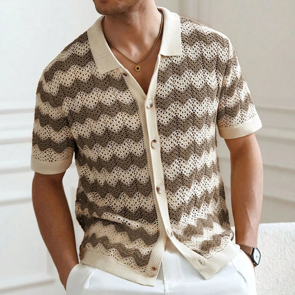 Yellow American-style corrugated short-sleeve sweater with flocking detail on a hanger