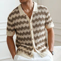 Yellow American-style corrugated short-sleeve sweater with flocking detail on a hanger