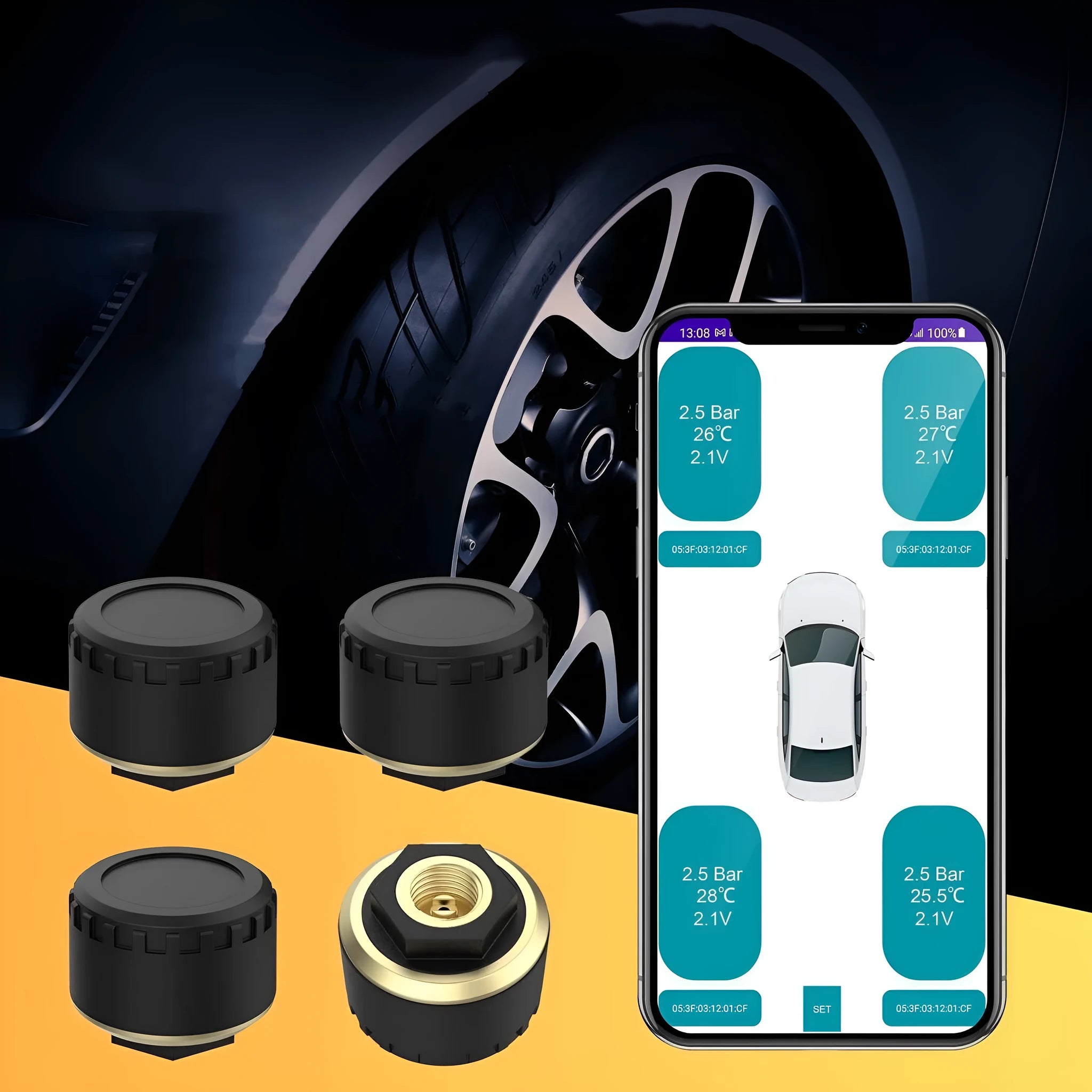 Four black Bluetooth tyre pressure sensors for car with mobile phone app display