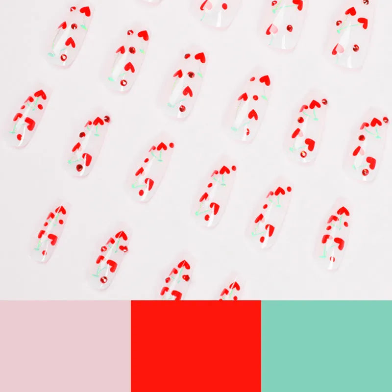 French Love red diamond and cherry design artificial nail tips with glue tube