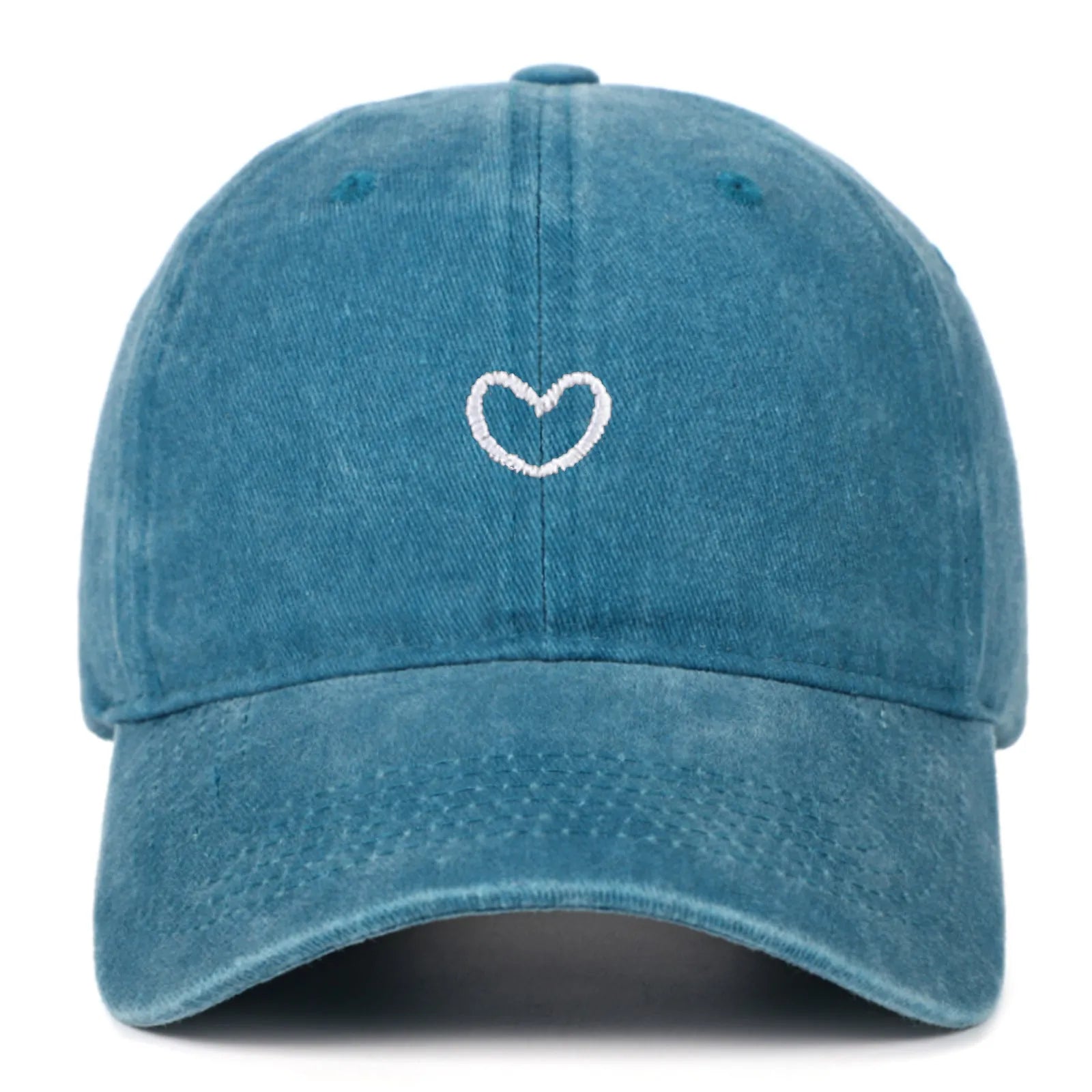 Retro-style cotton baseball cap with embroidered 'love' word, shown in an adjustable size.
