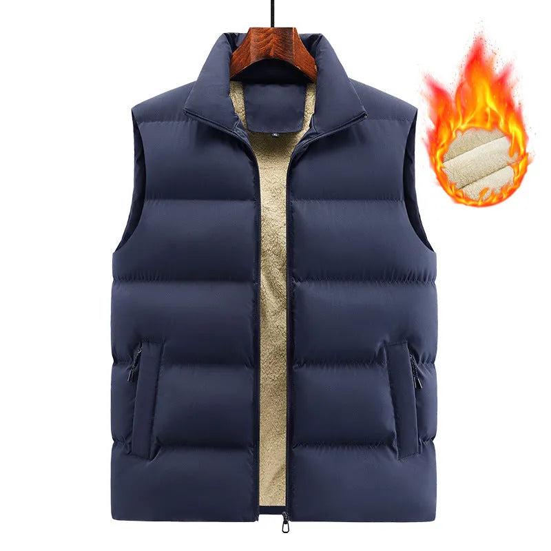 Men's striped lambswool vest for autumn and winter in black, dark blue, or red.