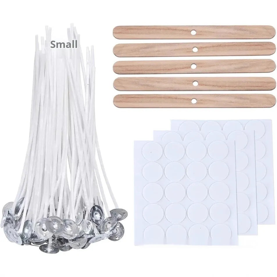 White cotton candle wicks showing three different lengths: 2.6cm, 6cm and 8cm for DIY candle making