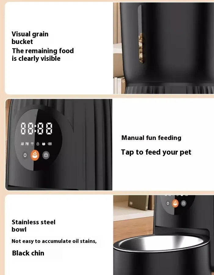 Black and white intelligent pet feeder with automatic timing and remote feeding functions