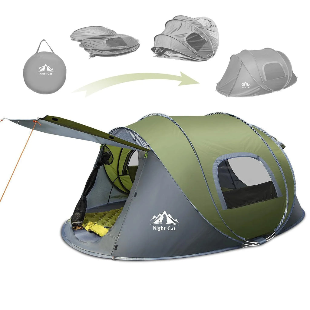 Dark green automatic pop-up camping tent for two people with waterproof rainfly