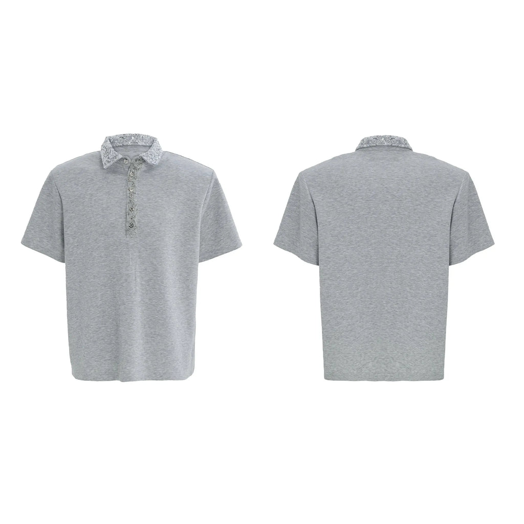 Men's loose polo shirt with embroidery sequins on square collar and short sleeves in black, grey, or white