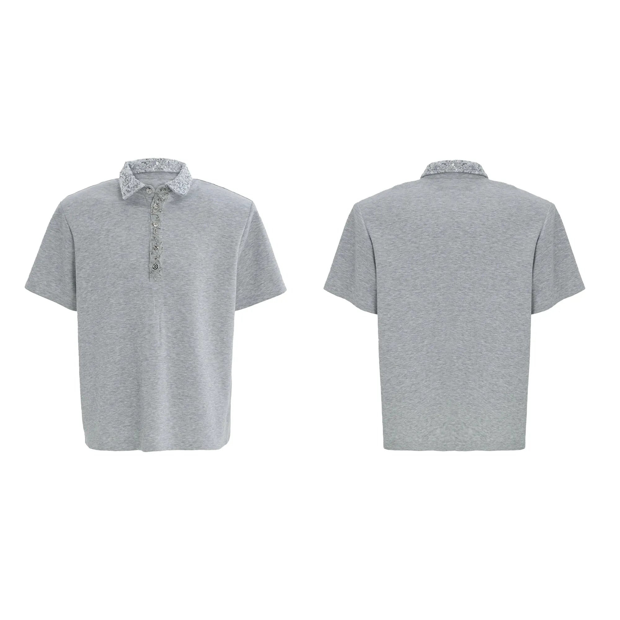 Men's loose polo shirt with embroidery sequins on square collar and short sleeves in black, grey, or white