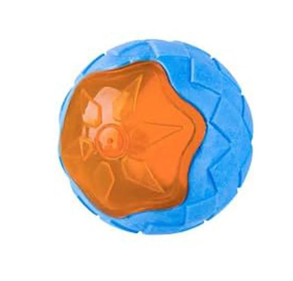 Set of three TPR dog toys: a floating ball, barbell and tyres with bumpy textures for squeaky fetch play.
