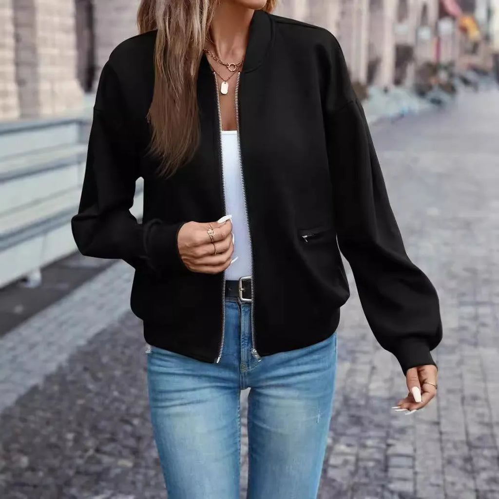 Black women's casual zip-front jacket with long sleeves for autumn and winter wear