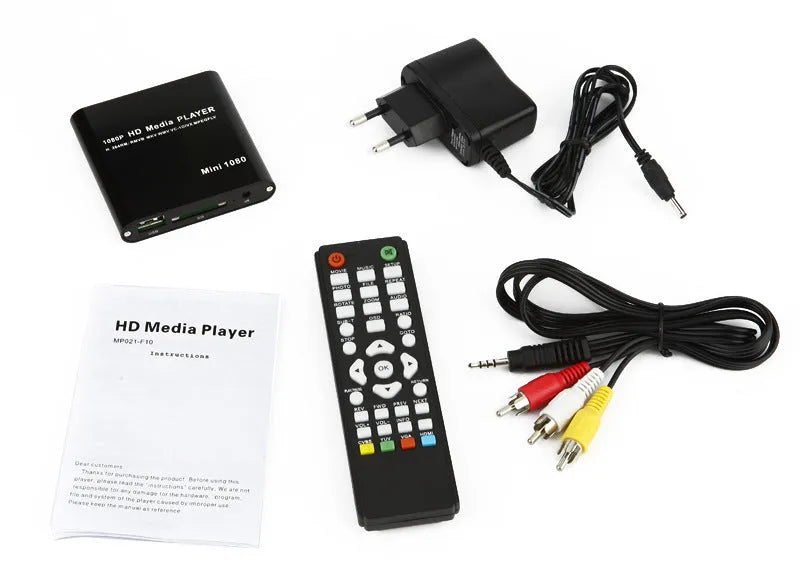 Compact black 1080P media player with HDMI USB SD ports and metal casing