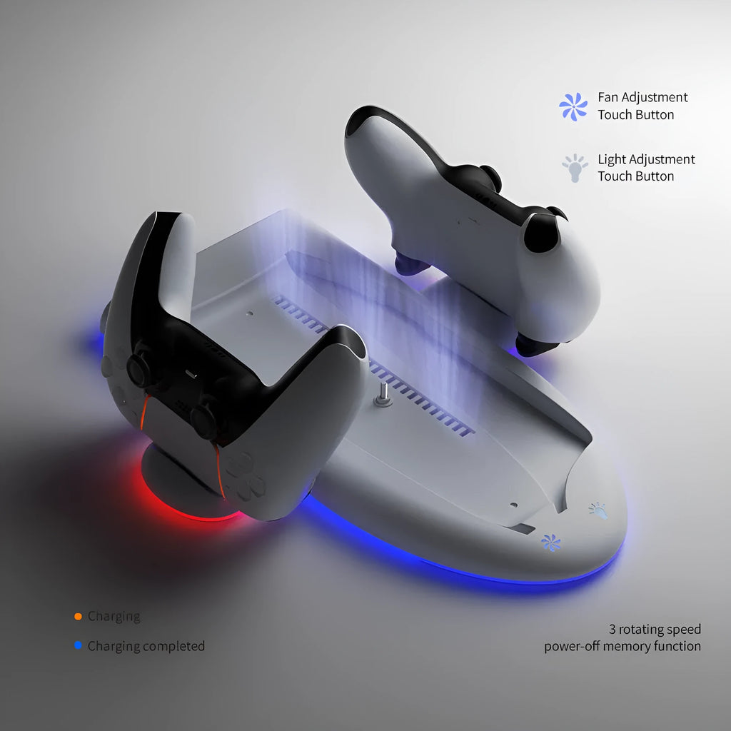 White PS5 slim cooling pad with RGB lighting and charging belt on 29cm ABS platform