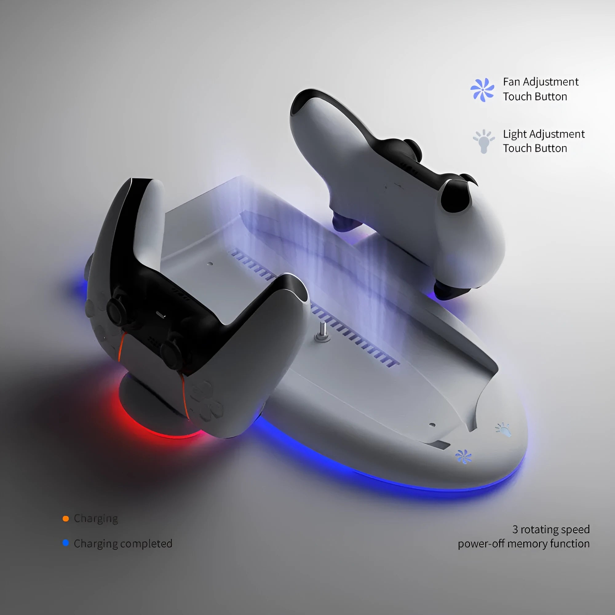White PS5 slim cooling pad with RGB lighting and charging belt on 29cm ABS platform
