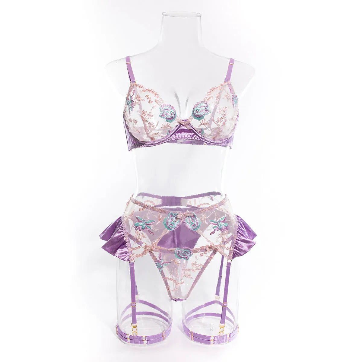 Light purple satin lingerie four-piece set with champagne accents and mercerized embroidery details