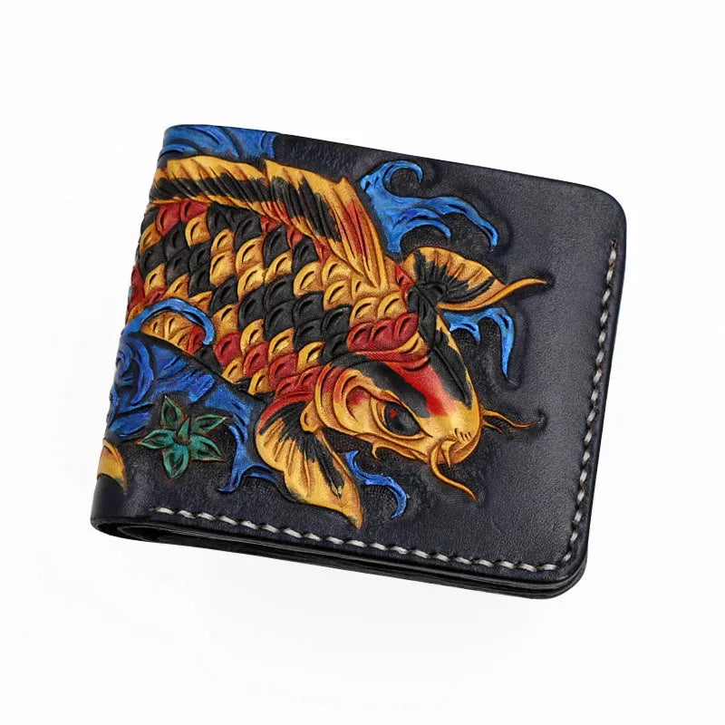 Men's hand-carved cow leather short wallet in blue red or gold colours showing bi-fold design