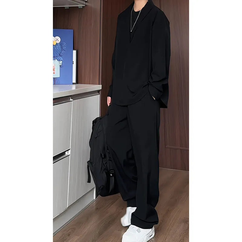Men's black slim fit hemp polo shirt and trousers two-piece casual set