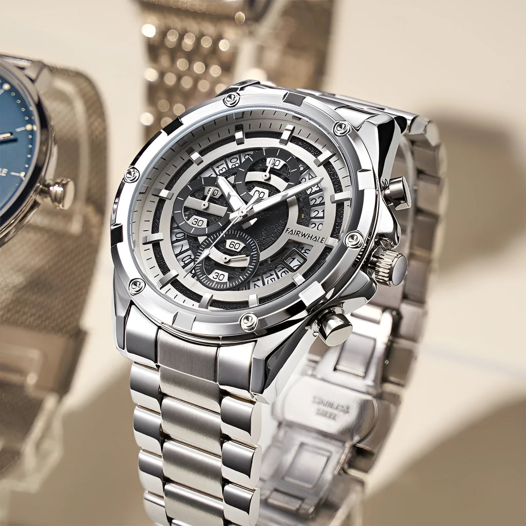 Men's waterproof quartz watch with luminous hands and steel band in black or silver case options