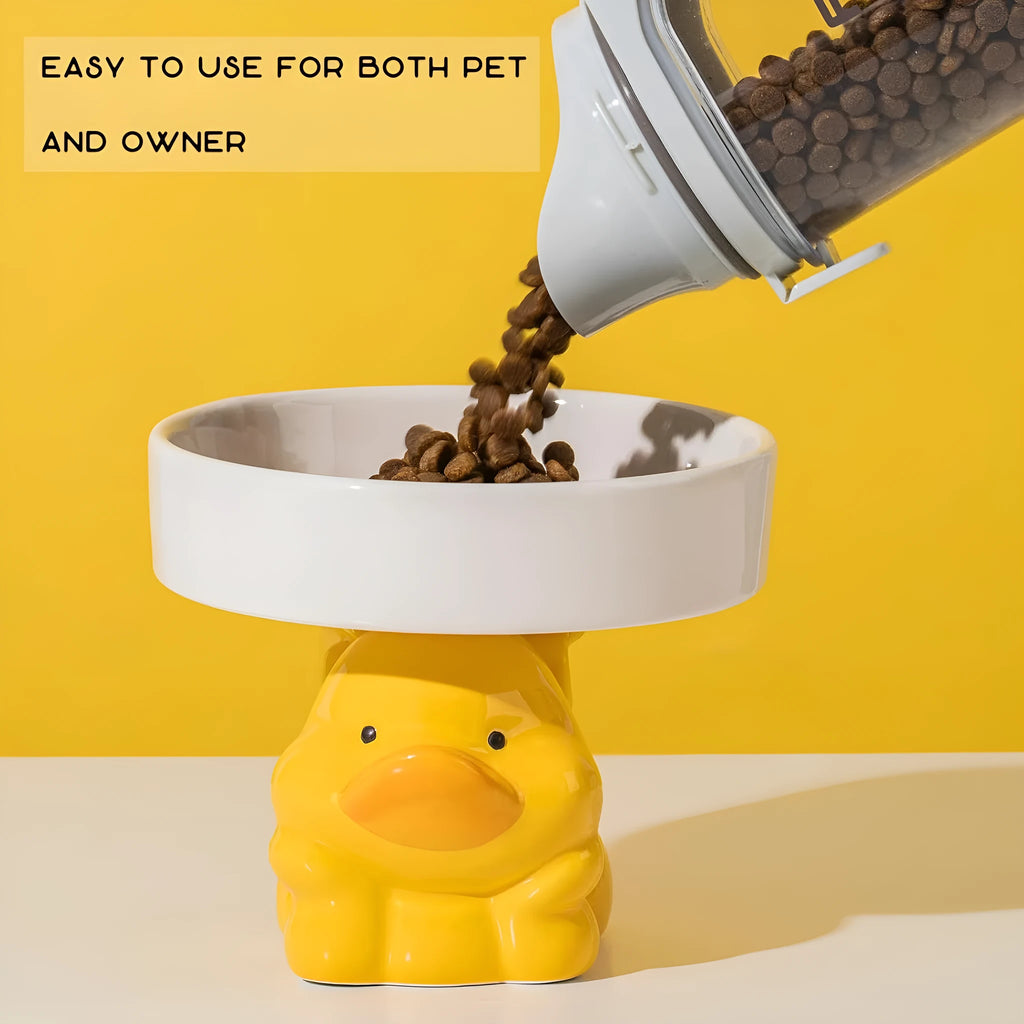 Ceramic raised cat bowl with cute animal design, shown in pink pig, white bear, and yellow duck styles.
