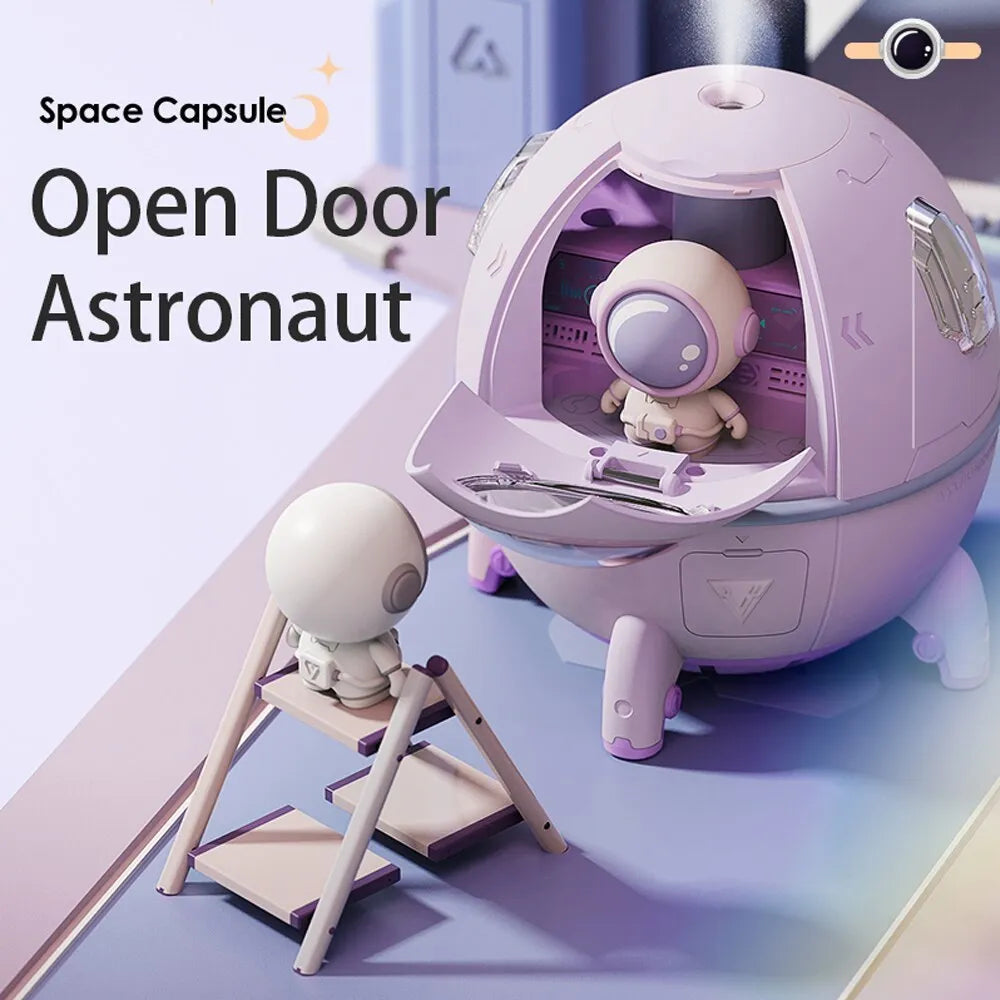 Astronaut-themed USB desktop humidifier with purple casing and colourful LED lighting