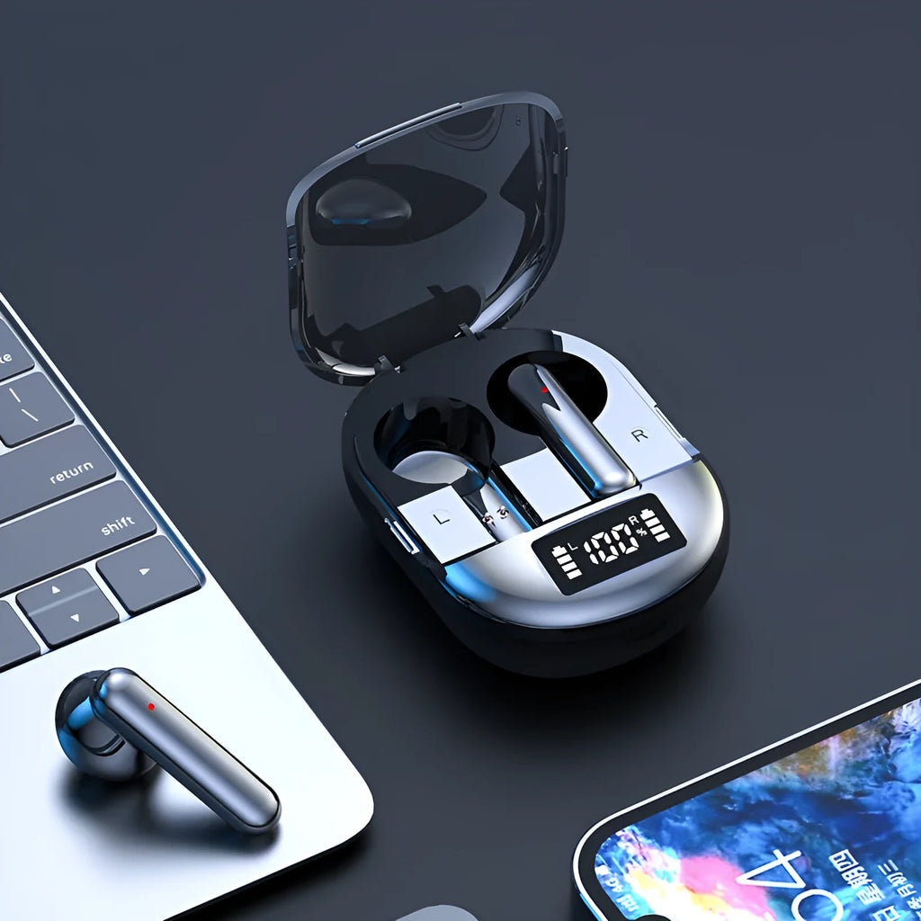 Black and white wireless Bluetooth in-ear headphones with a digital display and a matching charging case.