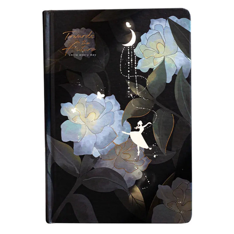 A5 notebook with luminous cover in blue, gold, light blue, or purple, open to show pages for colour illustration.