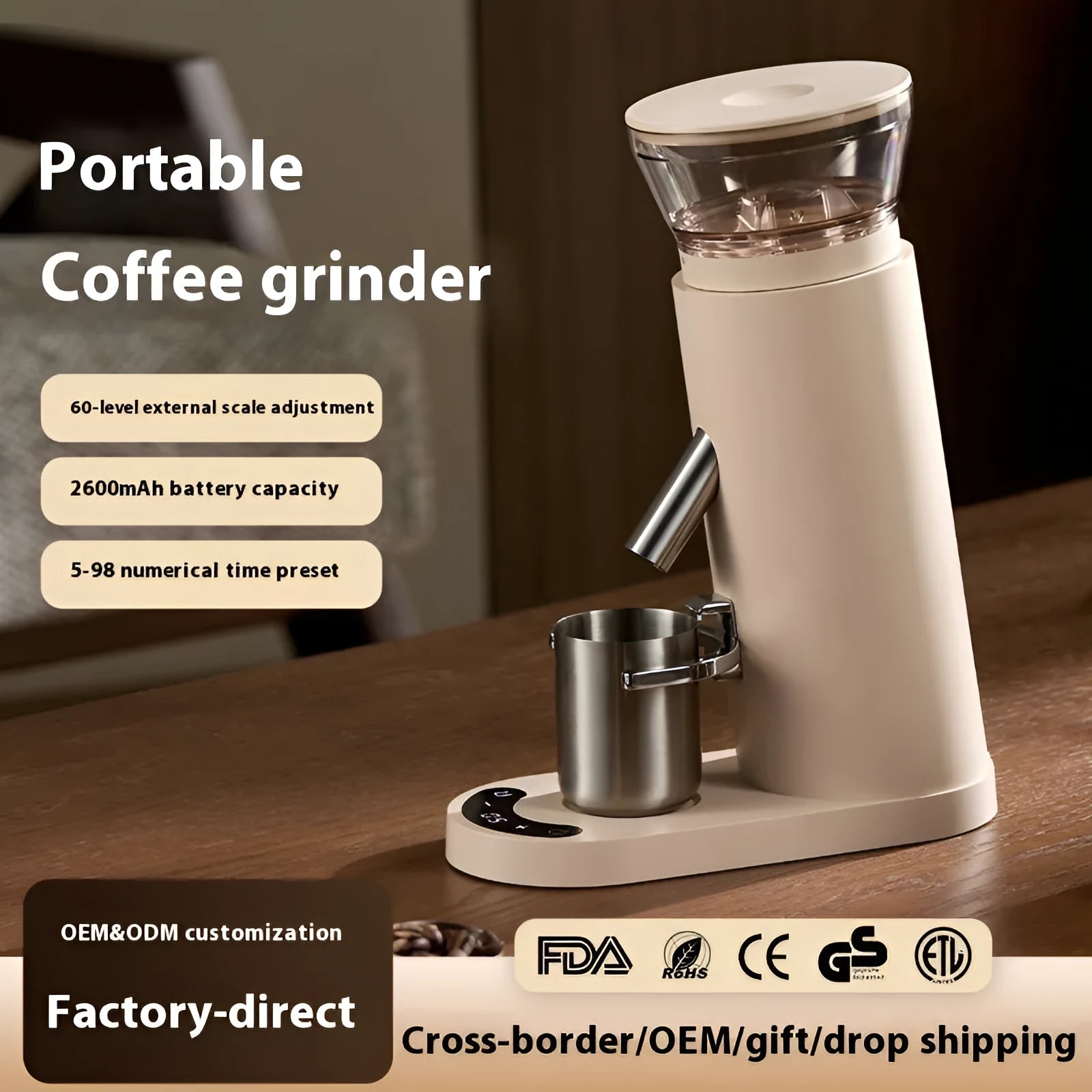 Portable electric coffee grinder in stainless steel with 0.5L capacity
