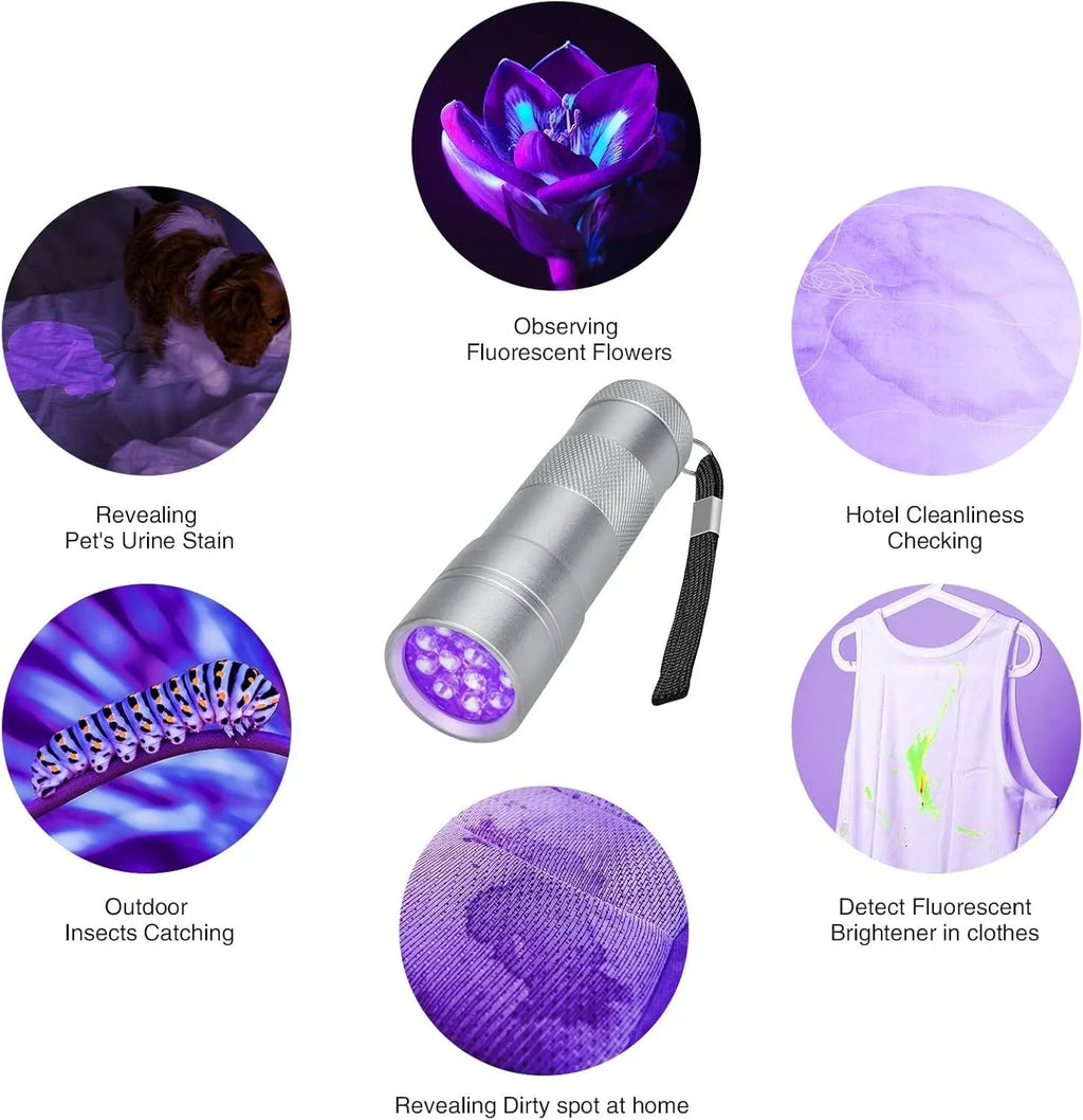 Black aluminium UV flashlight with tail switch, 9.8 cm long, for detecting stains and pests.