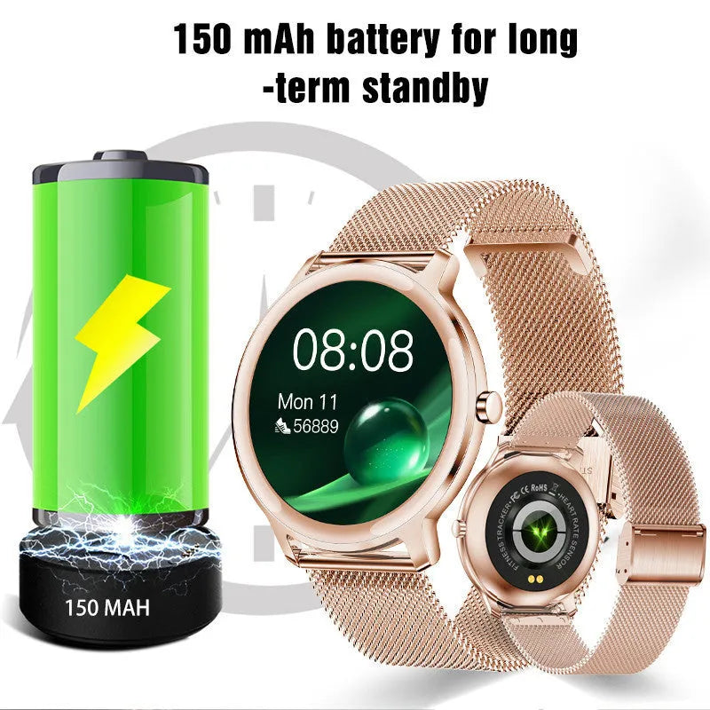 Women's smart watch with stainless steel mesh strap and 1.3-inch touch screen display