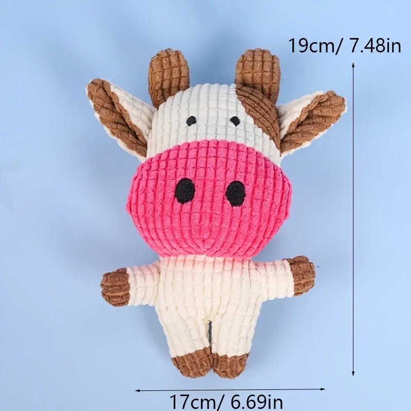 Animal shaped plush dog chew toy with squeaker in blue, brown, cow, gray, pink, white or yellow
