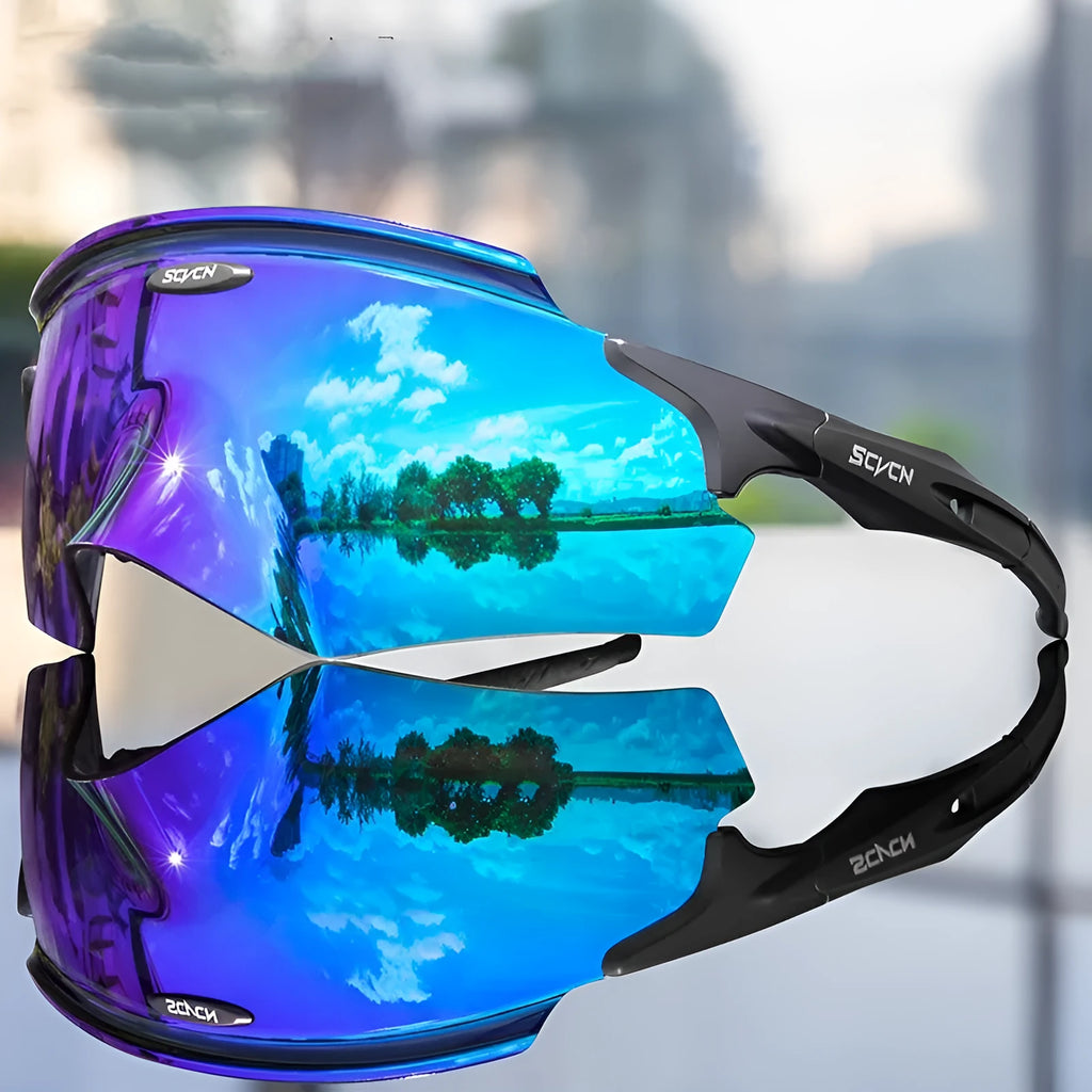 Frameless windproof sports goggles with a single colourful integrated lens