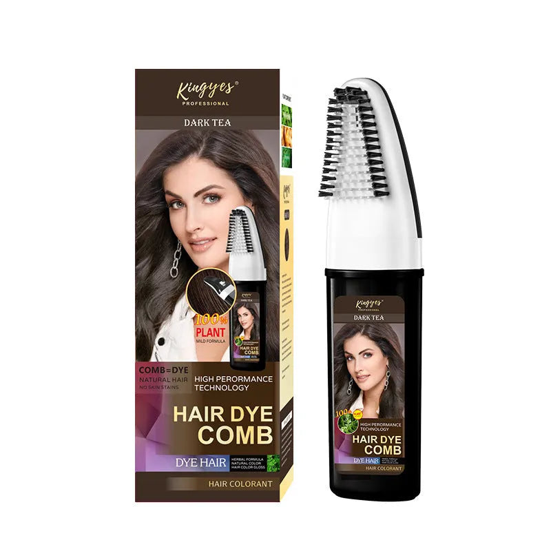 Bottle of permanent hair dye with comb applicator brush in brown, dark brown or wine red colour.