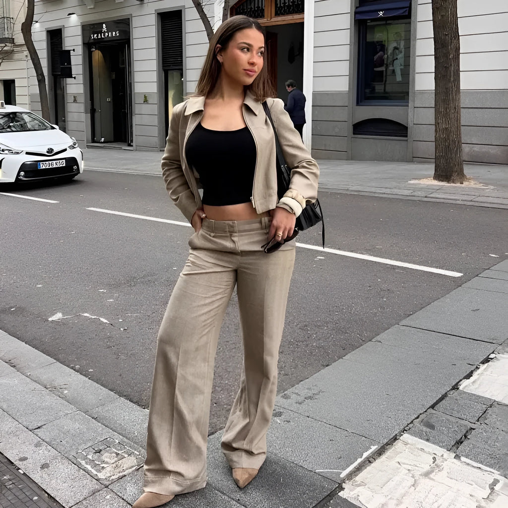 Women's herringbone pattern summer suit set with 3D embroidery on jacket and matching trousers