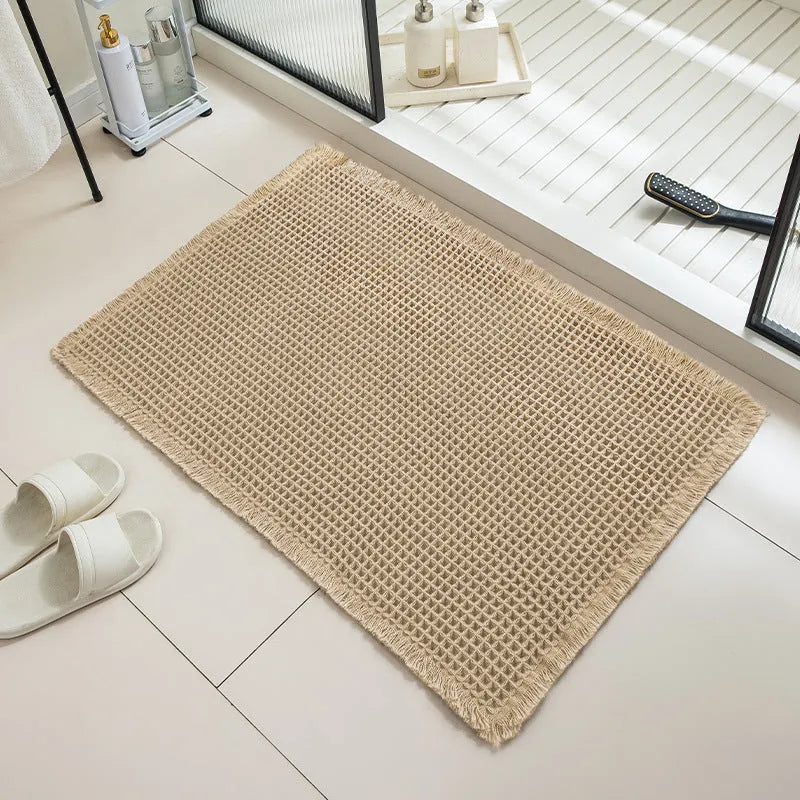 Checkered pattern non-slip absorbent bathroom floor carpet in polyester, shown in multiple colour options.