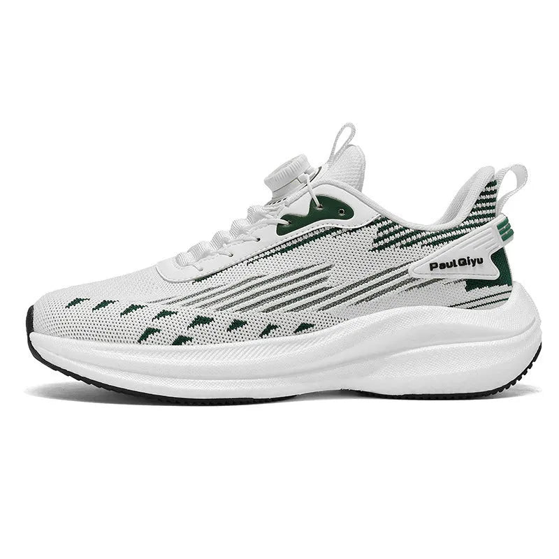 Men's rotating buckle fly-kit mesh casual sports running shoes in white green colour