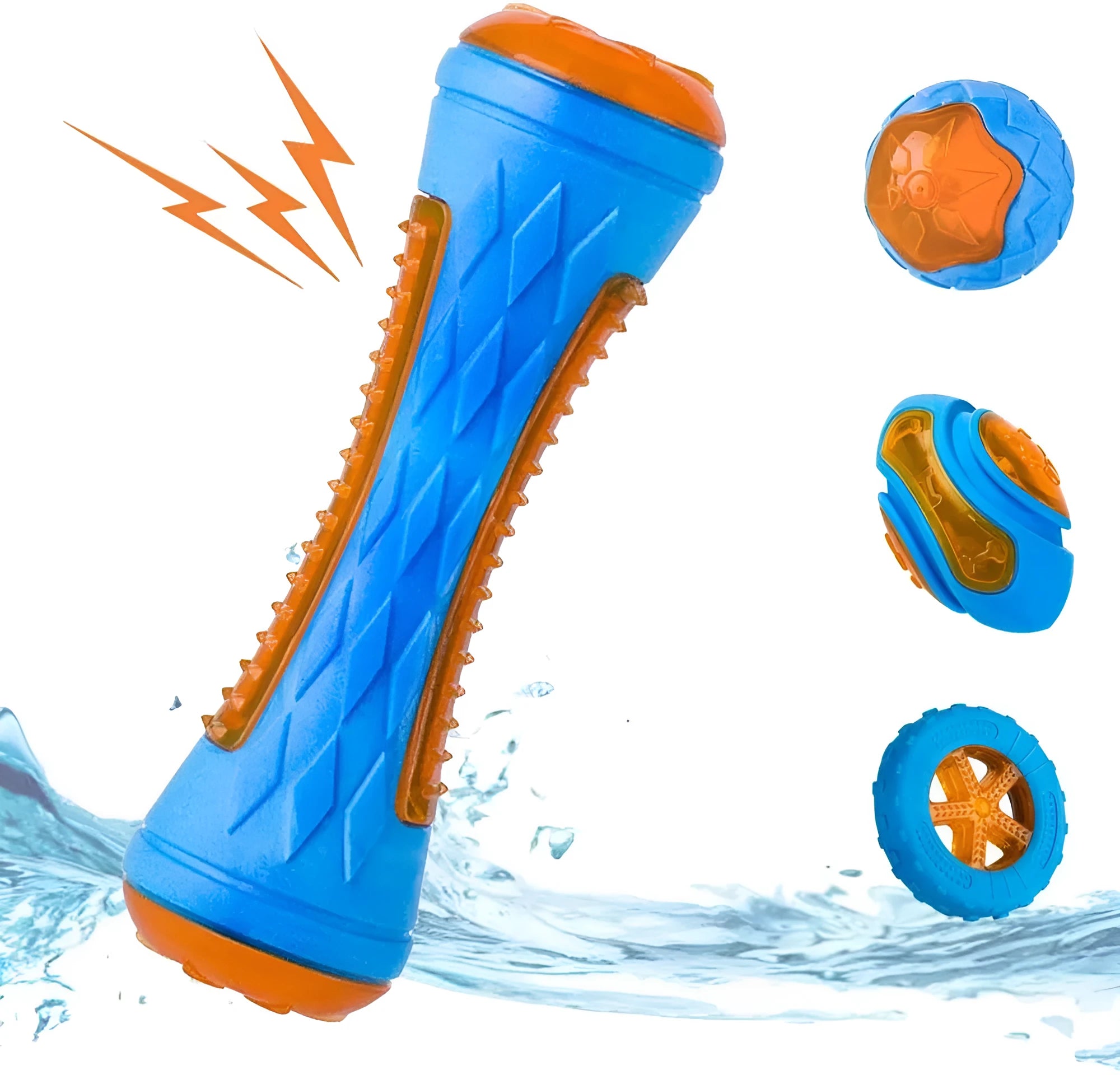 Set of three TPR dog toys: a floating ball, barbell and tyres with bumpy textures for squeaky fetch play.