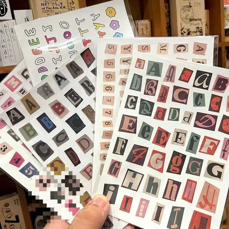 English letters and numbers symbol label stickers showing A, B, C, D, E letters and weekly words in cute printed style