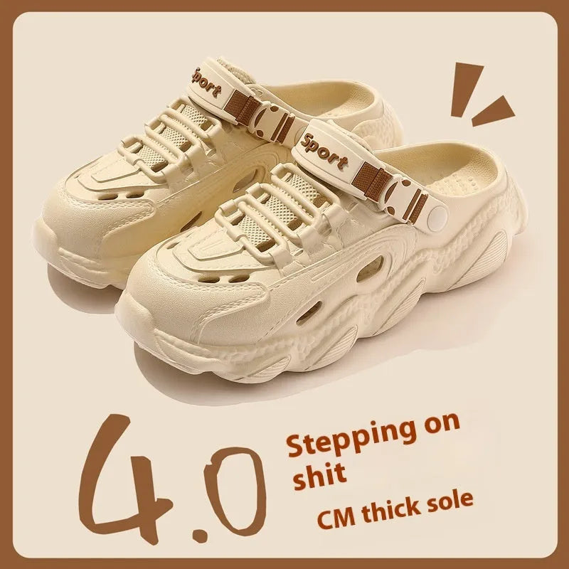 Men's khaki outdoor slippers showing hollow out breathable design on a solid background.