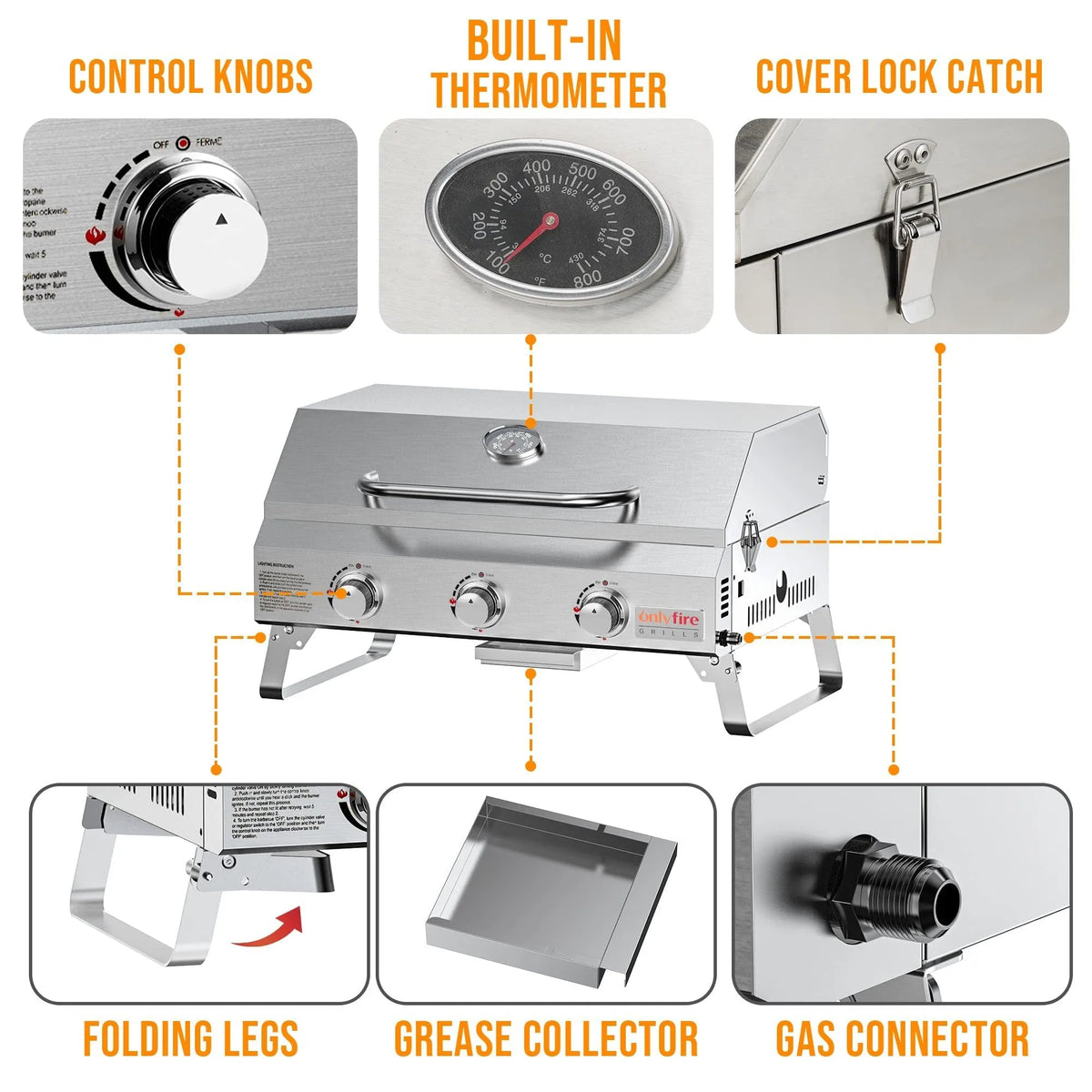 Silver stainless steel desktop gas barbecue grill with three burners and foldable legs.