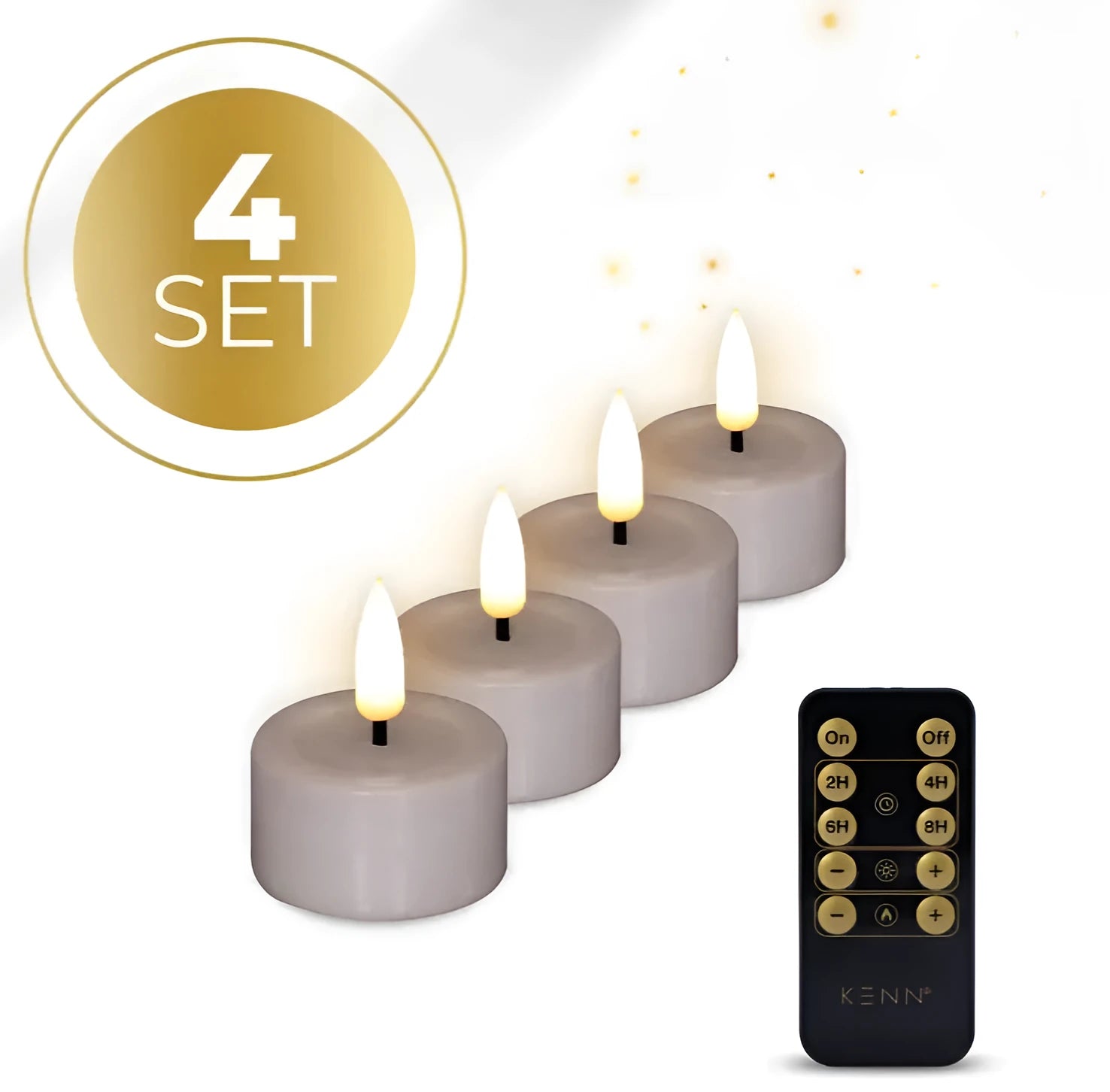Four taupe coloured S4 LED tealight candles with realistic flickering light effect