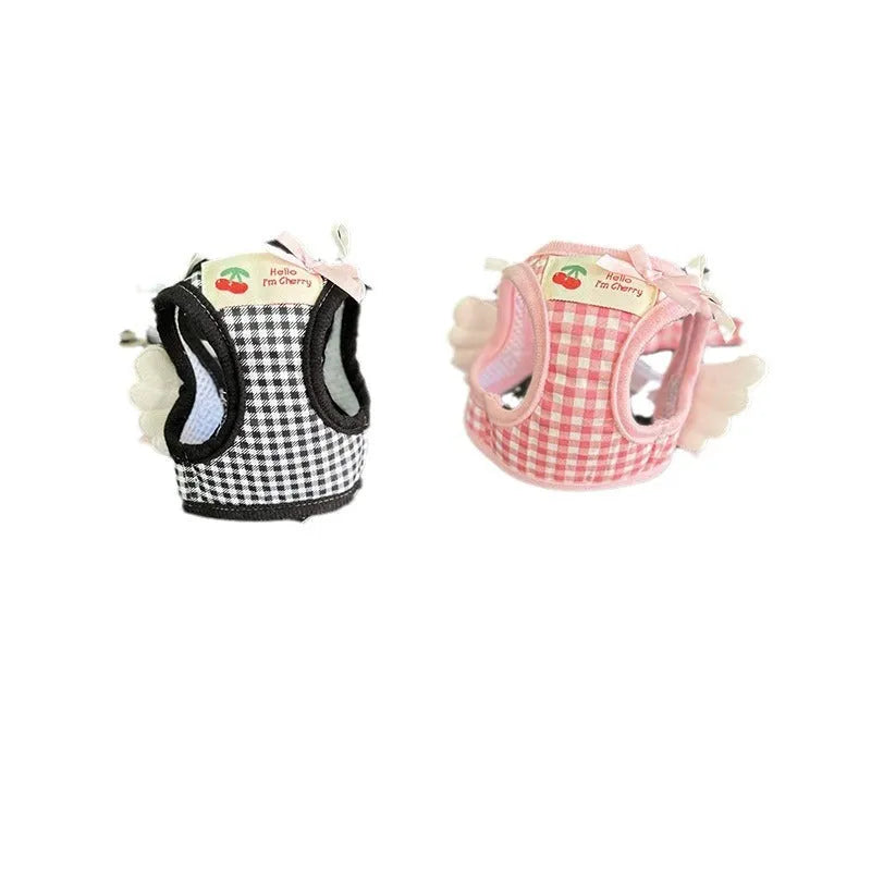 Small dog harness with chest and back attachment points in cotton fabric, pink or black colour options